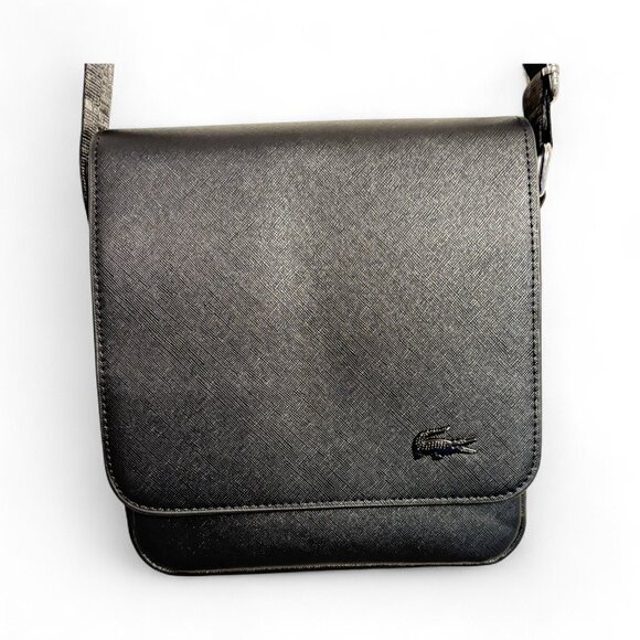 Lacoste Black Crossbody Flap Bag Faux Leather Shoulder Bag Travel Zipper Closure - Picture 1 of 6